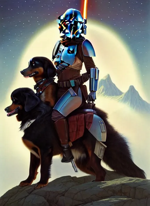 Image similar to mandalorian riding a bernese montain dog, star wars, beautiful glowing lights, sci - fi, stunning, intricate, elegant. highly detailed, digital painting. artstation. smooth. sharp focus. illustration. art by artgerm and greg rutkowski and alphonse mucha