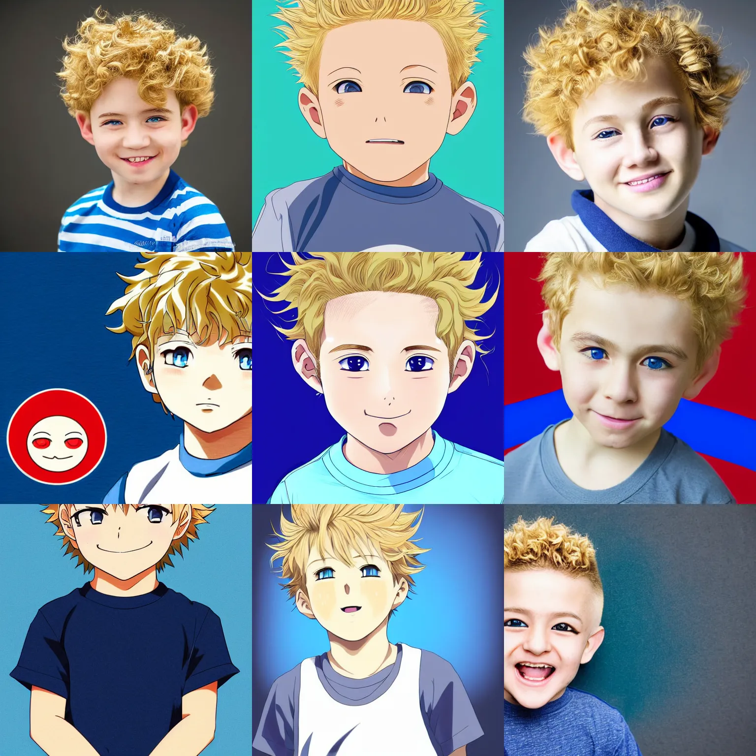 Prompt: A medium shot anime portrait of a little smiling anime boy with extremely short curly wavy light blonde hair and blue eyes, buzzed sides, blue-eyed, chubby face, very young, little boy, medium shot portrait, curly and short top hair, curls on top of his head, his whole head fits in the frame, solid color background, flat anime style shading, head shot, 2d digital anime drawing by Stanley Artgerm Lau, WLOP, Rossdraws, James Jean, Andrei Riabovitchev, Marc Simonetti, and Sakimi chan, trending on artstation