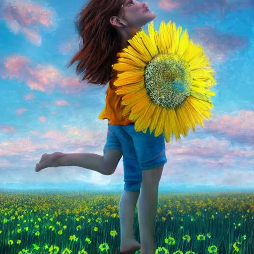 Image similar to head made of giant daisies, girl dancing barefoot in a vast flower field, arms behind back, surreal photography, sunrise dramatic light, impressionist painting, colorful clouds, large sky, digital painting, artstation, simon stalenhag, flower face