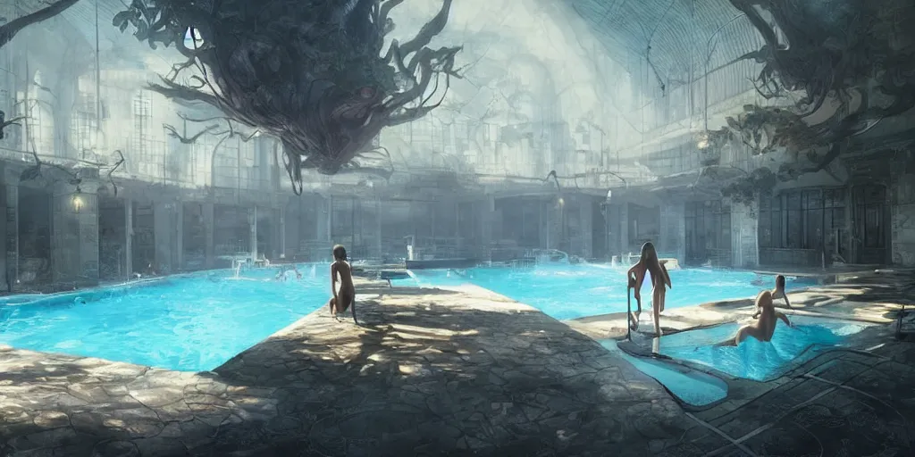 Prompt: swimming pool of a thermal fitness center, with hot spring, cinematic lighting, exaggerated detailed, unreal engine, art by greg rutkowski & peter mohrbacher