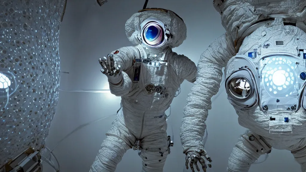 Image similar to a cybernetic symbiosis of a single astronaut eva suit with diamond 3d fractal lace iridescent bubble 3d skin covered with insectoid compound eye camera lenses floats through the living room, film still from the movie directed by Denis Villeneuve with art direction by Salvador Dalí, wide lens,