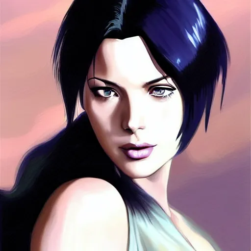 Image similar to A combination of Grace Kelly's and Katheryn Winnick's and Ashley Greene's faces with long eyelash makeup as Motoko Kusanagi from Ghost in The Shell, western, fantasy, intricate, elegant, highly detailed, digital painting, artstation, concept art, matte, sharp focus, illustration, half body portrait, art by Artgerm and Greg Rutkowski and Alphonse Mucha