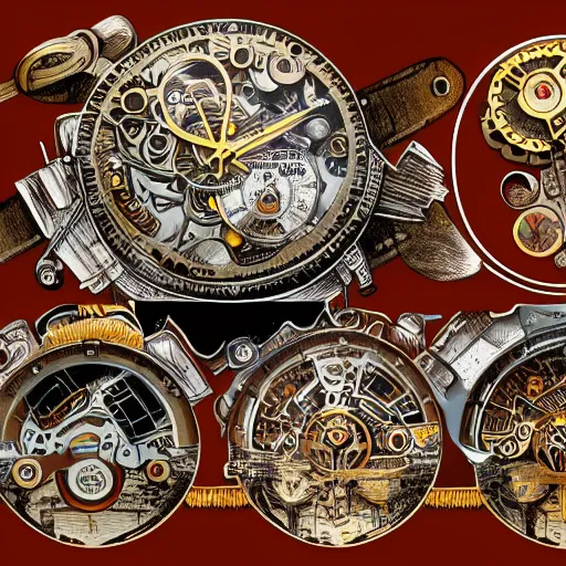 Prompt: page from a graphic novel depicting exploded view diagram of a watch, intricate and detailed assembly drawing of a watch in steampunk style, fantasy concept art, hyper realistic illustration, 8 k,