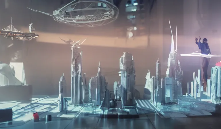 Image similar to group of people in simple white museum, looking at hologram of futuristic city on a table, cinematic concept art, godrays, golden hour, natural sunlight, 4 k, clear details, tabletop model buildings, center model buildings, hologram center, crane shot, crane shot, crane shot