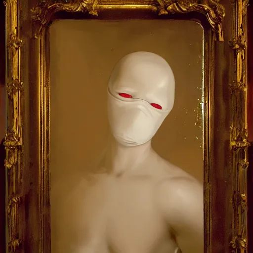 Image similar to an all white human, with no facial features, like a white mask pulled over their face, full body laying in a blood red pool of water between a golden mirror frame, outside is space and inside the mirror frame is a beautiful landscape., physically accurate, dynamic lighting, intricate, elegant, highly detailed, very very Roberto Ferri, sharp focus, illustration, art