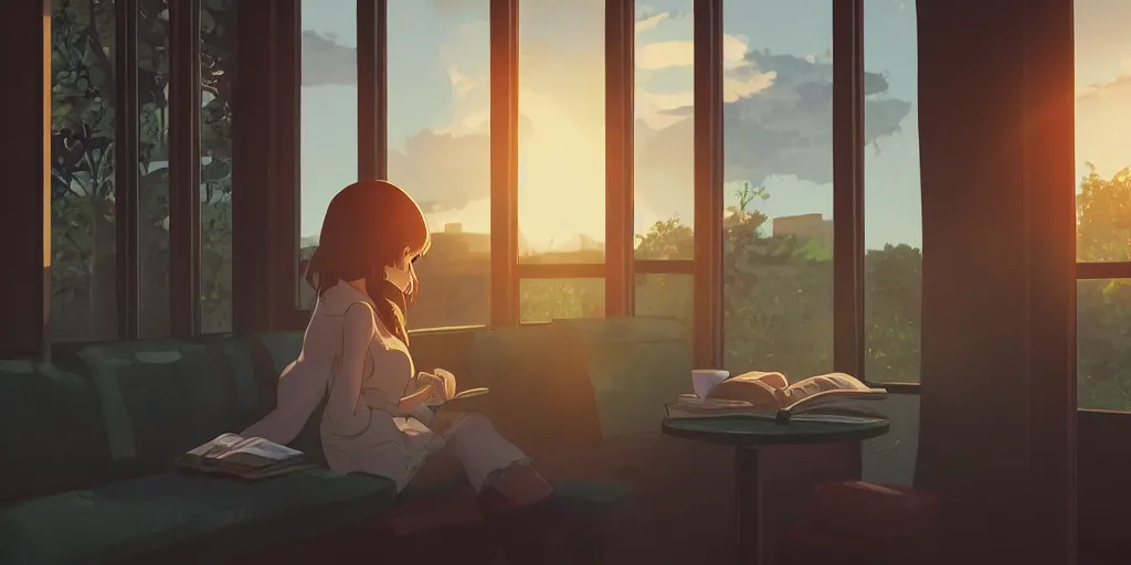 Image similar to Girl reading in a window seat in a coffee shop at sunset cinematic lighting, style by Makoto Shinkai