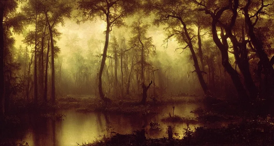 Prompt: A dense and dark enchanted forest with a swamp, by Albert Bierstadt,