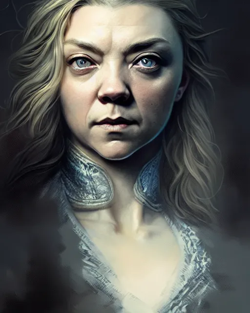 Prompt: natalie dormer, character portrait, portrait, close up, concept art, intricate details, highly detailed by greg rutkowski, michael whelan and gustave dore