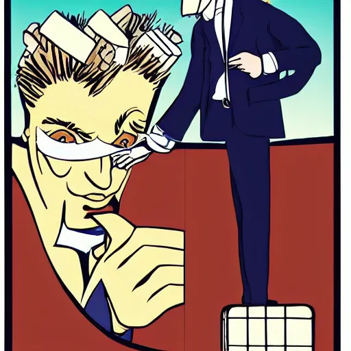 Image similar to brown suitcase containing domino mask being opened by a ginger caucasian male in a brown suit, jorge fornes artstyle, colorful, somber