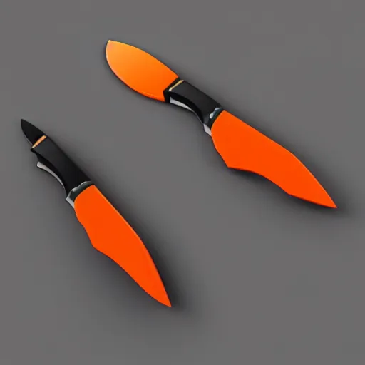 Prompt: a pair of black and orange knifes on a gray background, a 3 d render by dom qwek, trending on polycount, futurism, hard surface modeling, rendered in maya, artstation hd