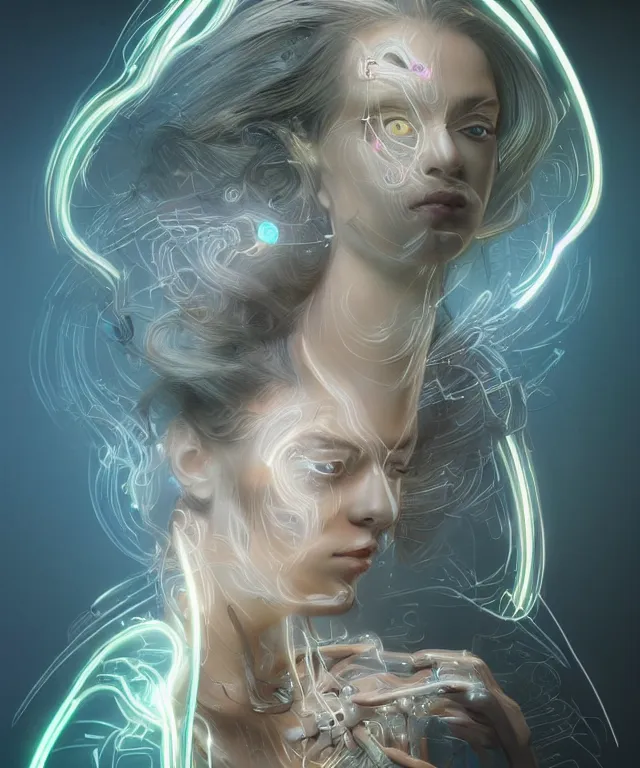 Image similar to a woman turning into an Android portrait wearing a part cybernetic body, surrealism , scifi, intricate, elegant, sharp eyebrows, ornate long flowing blonde hair, highly detailed cybernetic body, neon glowing eyes, digital painting, artstation, concept art, smooth, sharp focus, illustration, art by Artgerm and moebius and Peter Mohrbacher