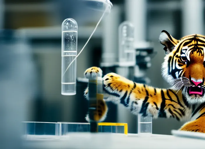 Image similar to film still of a tiger cub working in a research lab filling test tubes, 8 k