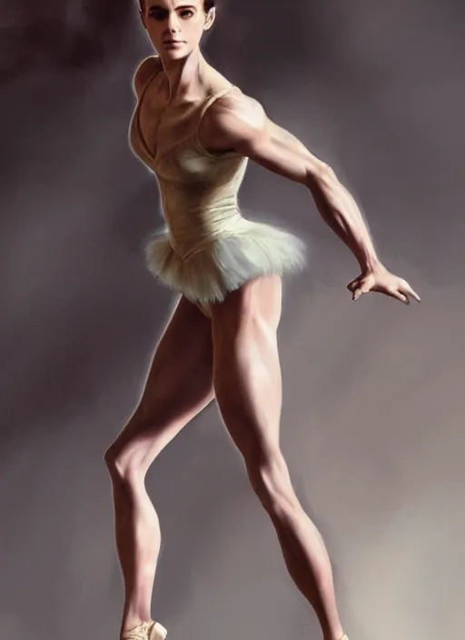 Image similar to muscular emma watson as ballerina tight clothes that are tearing at the seams, digital painting, trending on artstation, 8 k wallpaper, frank frazetta, boris vallejo and julie bell