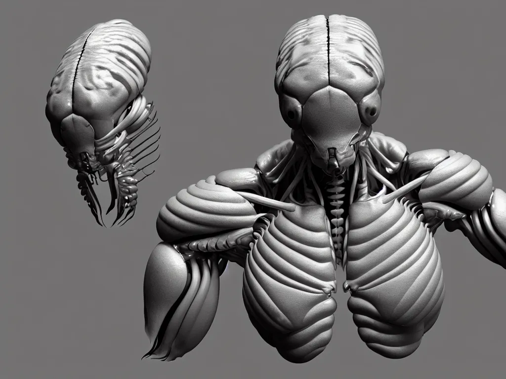 Image similar to isopod, muscular body, chiroptera head, chiroptera ears, hyperrealism, artstation, cgsociety, zbrush, no background