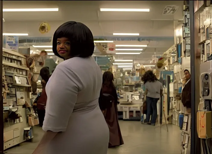 Prompt: cinematic wide shot of backlit windows of a narrow used electronics store, octavia spencer wanders the messy aisles, keyboards, iconic scene from the paranoid thriller sci fi film directed by pt anderson, anamorphic cinematography, beautiful composition, color theory, leading lines, photorealistic, volumetric lighting