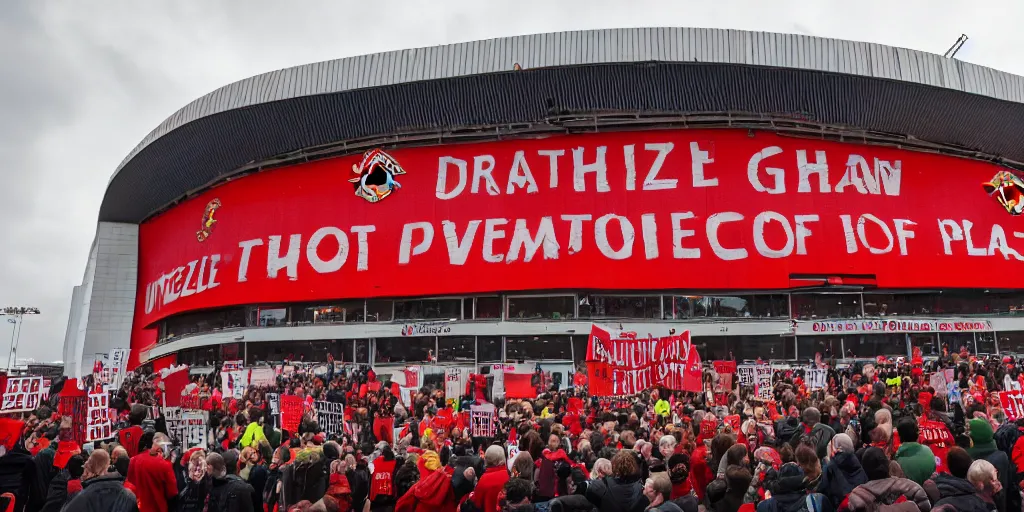 Image similar to old trafford theatre of dreams on fire during protest against the glazers, # glazersout, chaos, protest, banners, placards, burning, pure evil, 8 k, by stephen king, wide angle lens, 1 6 - 3 5 mm, symmetry, cinematic lighting