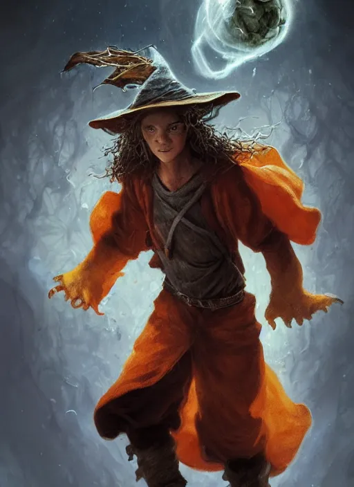 Prompt: Fifteen year old teenage hobbit wizard, short brown hair, pimples, mage hat, Orange Magic energy swirling body, Ivan Aivakovsky, Boris Vallejo, epic fantasy character art, D&D Concept Art, full length, Realistic, Regal, Refined, Detailed Digital Art, Oil Paining, Exquisite detail, post-processing, masterpiece, Cinematic Lighting, Unreal Engine, 8k, HD