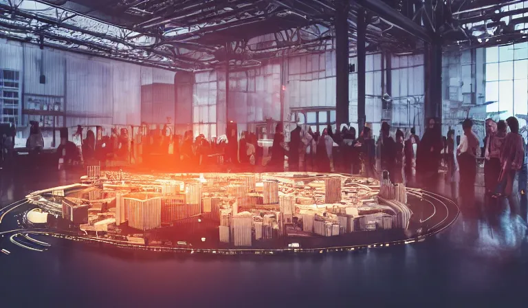 Prompt: group of people in simple warehouse, looking at hologram of futuristic metropolis on a table, cinematic concept art, godrays, golden hour, natural sunlight, 4 k, clear details, tabletop model buildings, center model buildings, hologram center, crane shot, crane shot, crane shot