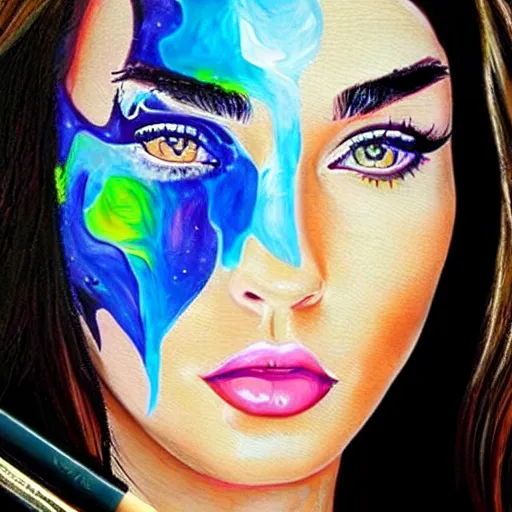 Prompt: “Megan Fox acid paints paintings, ultra detailed portrait, 4k resolution”