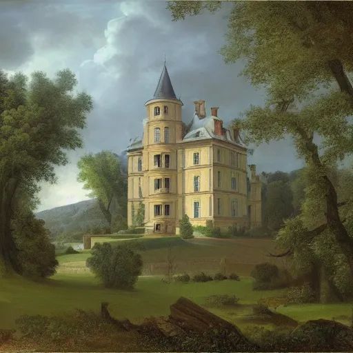 Image similar to a large serene beautiful matte painting of a delapitaded quaint french country castle in a state of disrepair, covered in vines, by asher brown durand and george ault featured on artstation