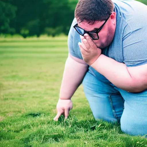 Prompt: fat man wearing glasses trying to touch grass and crying, dslr photo