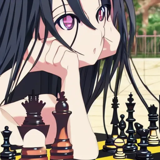 Image similar to anime art of long black hair anime girl pondering next to a chess set, official art