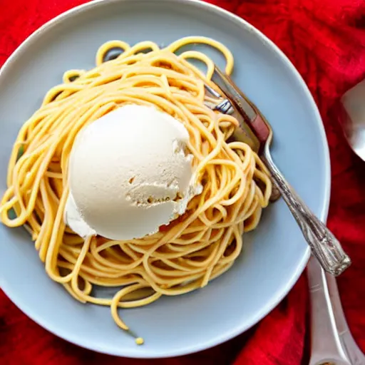 Image similar to single scoop of vanilla ice cream on top of a plate of steaming spaghetti, high resolution photograph, picnic at sunset