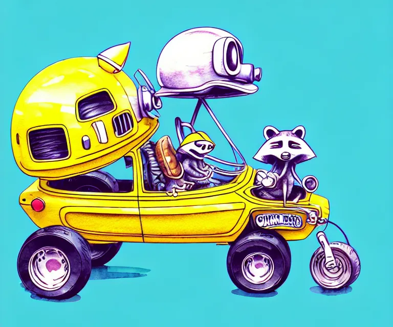 Image similar to cute and funny, racoon wearing a helmet riding in a tiny hot rod with oversized engine, ratfink style by ed roth, centered award winning watercolor pen illustration, isometric illustration by chihiro iwasaki, edited by range murata, tiny details by artgerm and watercolor girl, symmetrically isometrically centered and focused