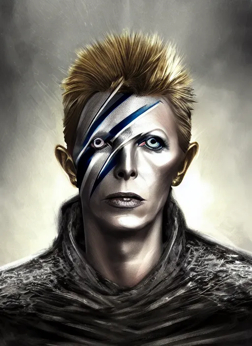 Prompt: portrait david bowie, dark souls style, warrior, gael knight, ashen warrior, detailed portrait