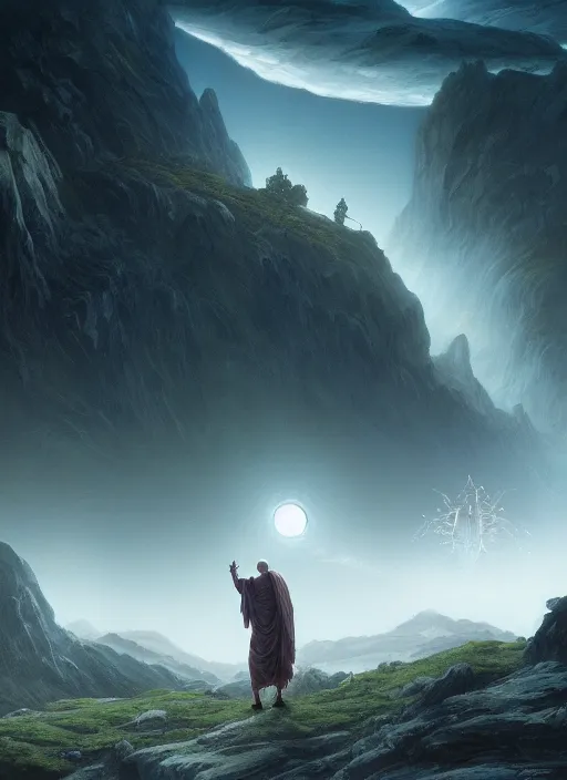 Prompt: a cosmic monk in lord of the rings scenery landscape, looking at a huge hovering spaceship in the sky, highly detailed, vivid color, cinematic lighting, perfect composition, 8 k, gustave dore, derek zabrocki, greg rutkowski, belsinski, octane render