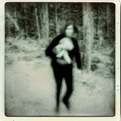 Image similar to creepy grainy polaroid photograph of four legged cryptid with human face and hair dragging a dead body across the street and looking at the camera