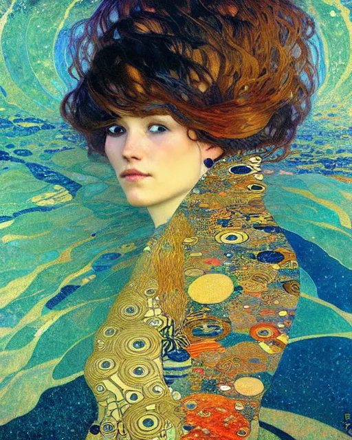 Image similar to ocean cat portrait an oil painting splashes with many colors and shapes by gustav klimt greg rutkowski and alphonse mucha, polycount, generative art, psychedelic, fractalism, glitch art