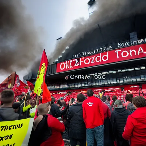 Image similar to protests at old trafford theatre of dreams against the glazers, # glazersout, stadium, chaos, protest, banners, placards, burning, owners of manchester united football club, pure evil, 8 k, wide angle lens, 1 6 - 3 5 mm, symmetry, cinematic lighting - w 1 0 2 4