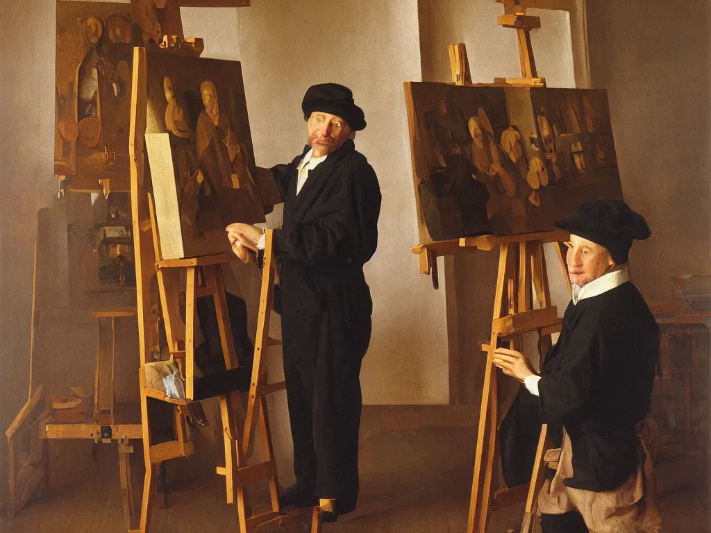 Image similar to portrait of a painter at his easel, canvas. painting by jan van eyck, august sander.