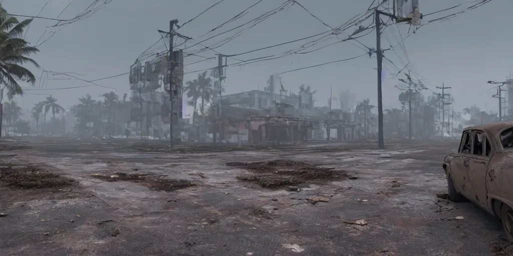 Prompt: wide angle shot of dilapidated fallout 5 tropical coastal city in real life, desolate, dilapidated, empty streets, nightmarish, some rusted retro futuristic fallout vintage style parked cars, overcast, blankets of fog pockets, rain, volumetric lighting, beautiful, daytime, autumn, sharp focus, ultra detailed, cgsociety