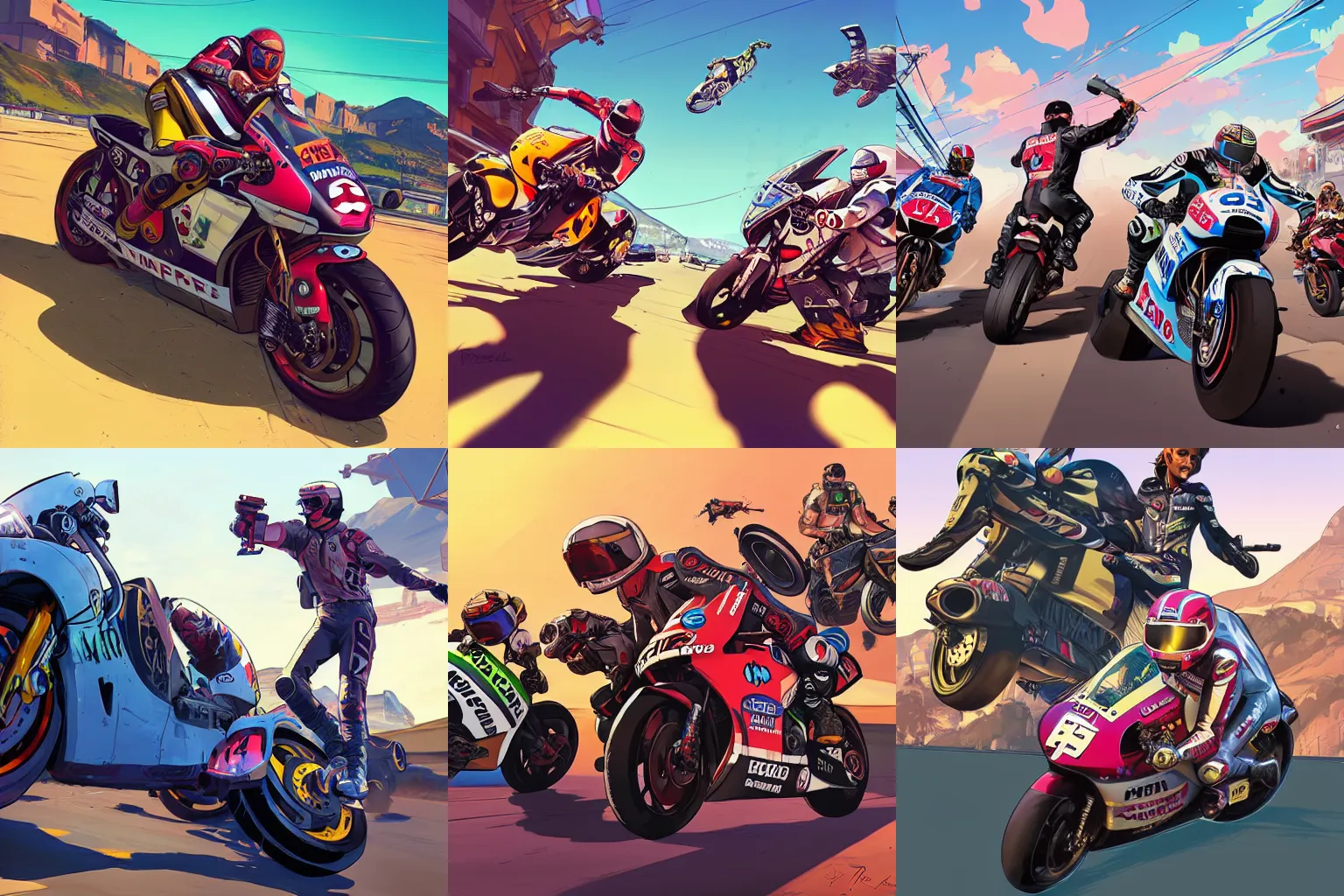 Prompt: moto gp, gta 5 cover art, borderlands style, celshading, trending on artstation, by rhads, andreas rocha, rossdraws, makoto shinkai, laurie greasley, lois van baarle, ilya kuvshinov and greg rutkowski