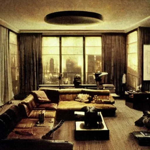 Image similar to rick deckard living room from bladerunner, as decorated by norman rockwell, moody, decadent, dirty,
