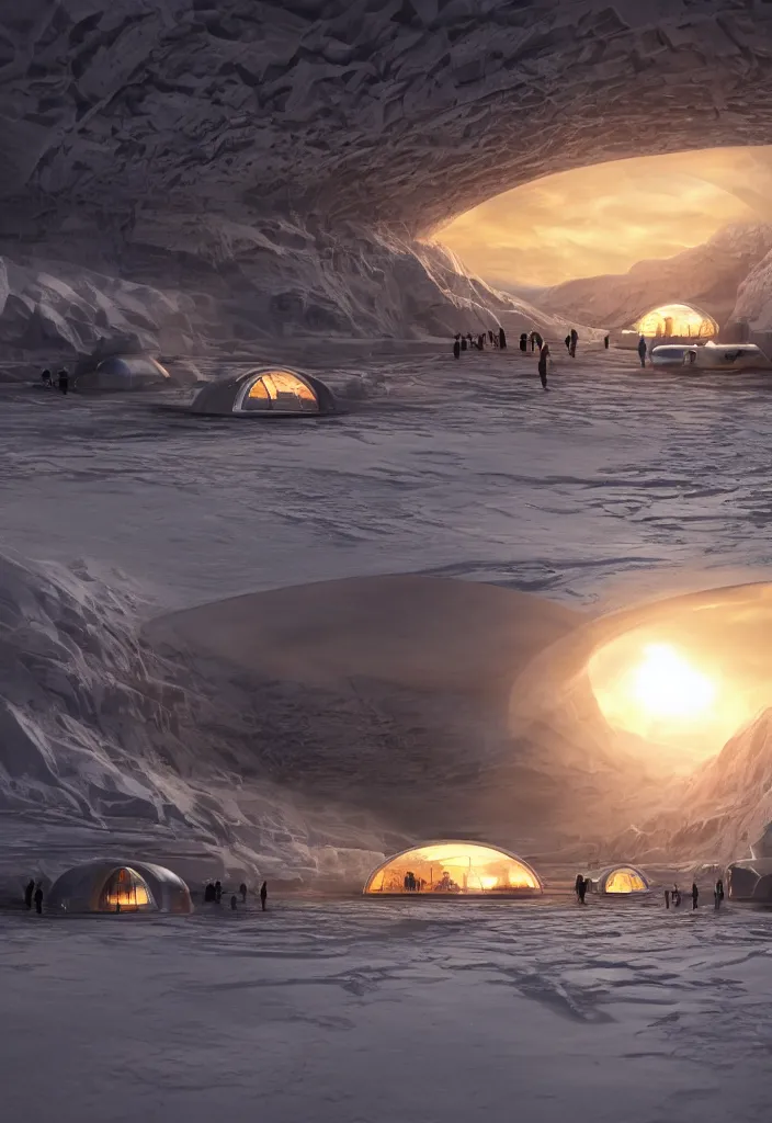 Image similar to big underground city in antartica with a transparent roof that shows a beautiful sunset, multiple people in the tunnels around campfires and futuristic igloos, facinating, fantasy digital art, octane render, beautiful composition, trending on artstation, award-winning photograph, masterpiece