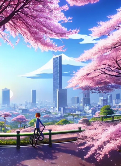 Image similar to a wholesome animation key shot, tokyo city in the background, cherry blossoms in the foreground, studio ghibli, pixar and disney animation, sharp, rendered in unreal engine 5, anime key art by greg rutkowski, bloom, dramatic lighting