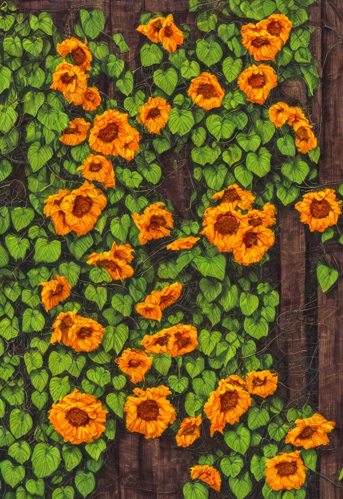 Image similar to award winning hyperrealistic artwork about entangled sunflowers and falling nasturtiums with vines on a wooden fence in the sky, high definition, fine details, closeup, macro