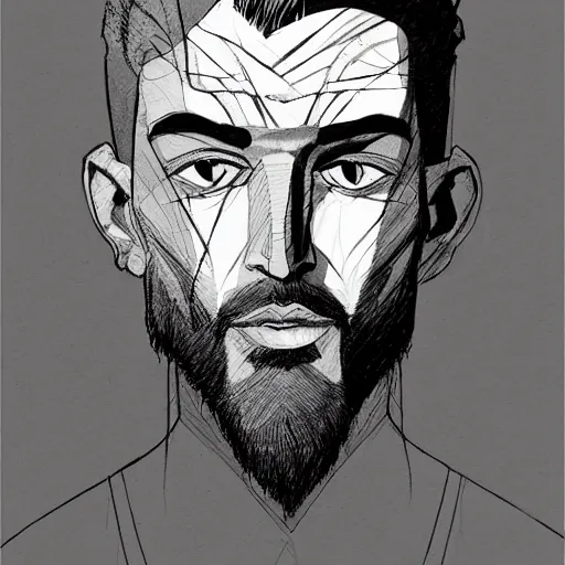 Prompt: very high angle view, very attractive man with beard, highly detailed full body, strong masculine features, 3/4 front view, slim, command presence, royalty, weathered face, smooth, sharp focus, organic, appealing, book cover, deep shadows, by Dave McKean sketch lineart for character design
