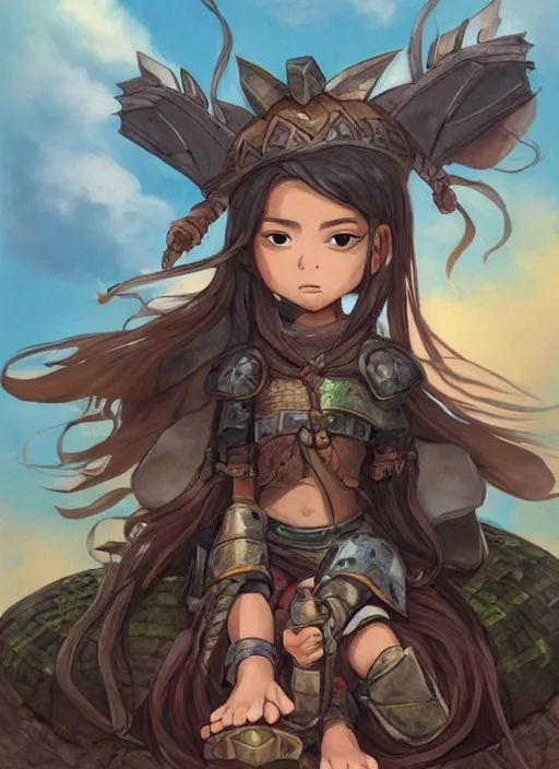 Image similar to portrait of a little warrior girl character sitting on top of a giant armored turtle in the desert, studio ghibli epic character with dark skin and beautiful green eyes, very beautiful detailed symmetrical face, long black hair, bright colors, diffuse light, dramatic landscape, fantasy illustration