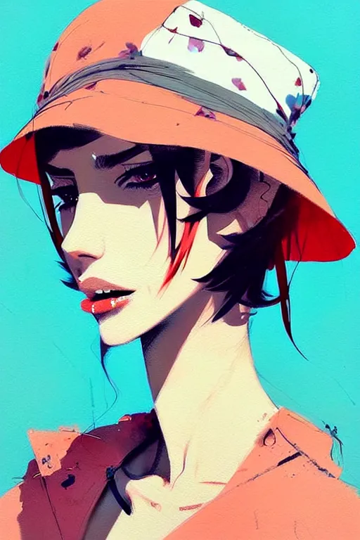 Image similar to a ultradetailed beautiful painting of a stylish woman wearing a bucket hat, by conrad roset, greg rutkowski and makoto shinkai trending on artstation