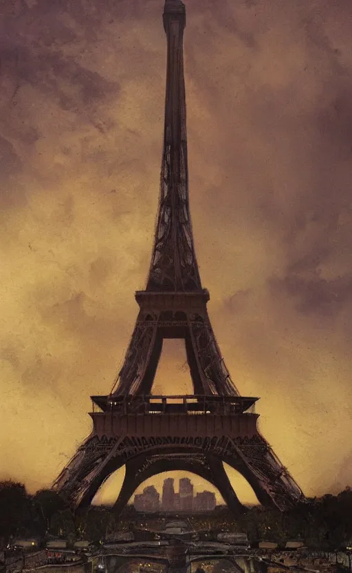 Prompt: twilight eiffel tower, jpeg artefacts on canvas, by seb mckinnon and james gurney and greg rutkowski, highly detailed, amazing, perfect lighting