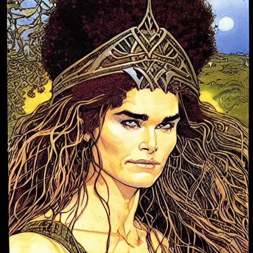 Prompt: a realistic, very beautiful and atmospheric portrait of young brooke shields as a druidic warrior wizard looking at the camera with an intelligent gaze by rebecca guay, michael kaluta, charles vess and jean moebius giraud