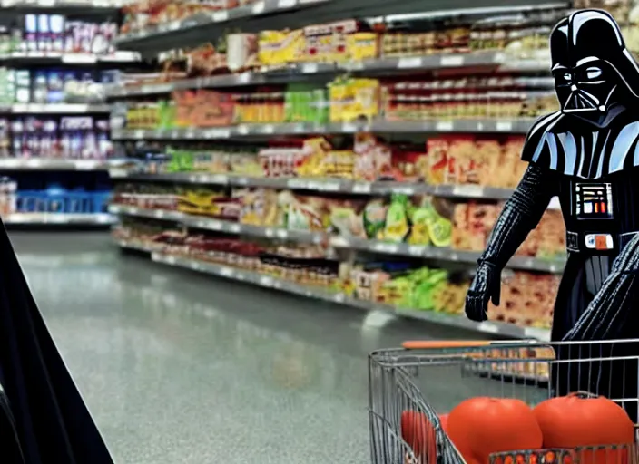 Image similar to film still of Darth Vader goes grocery shopping in the new Star Wars movie, 4k