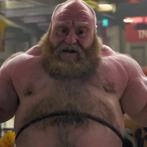 Image similar to movie still of Danny DeVito starring as zangief in the 2026 live action street fighter movie