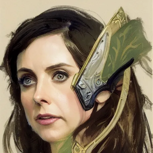 Image similar to alison brie as robin hood, intricate, elegant, highly detailed, greg manchess, mucha, liepke, ruan jia, jeffrey catherine jones, ridley scott