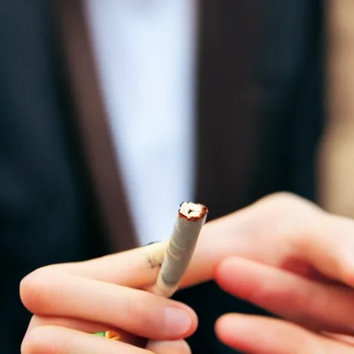 Prompt: Close-up of one elegant hand holding cigarette, realistic photo