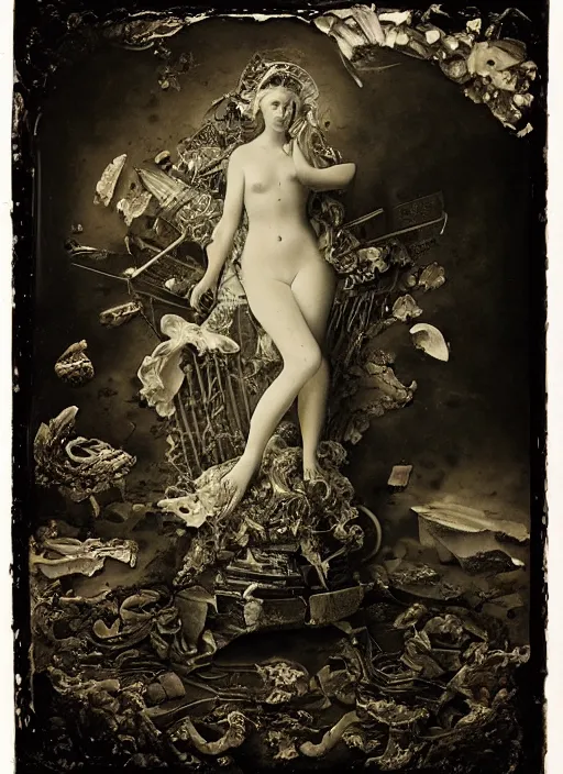 Image similar to old wetplate daguerreotype portrait of birth of venus, explosion of data fragments, fractal, intricate, elegant, highly detailed, parallax, leica, medium format, subsurface scattering, by jheronimus bosch and greg rutkowski and louis jacques mande daguerre